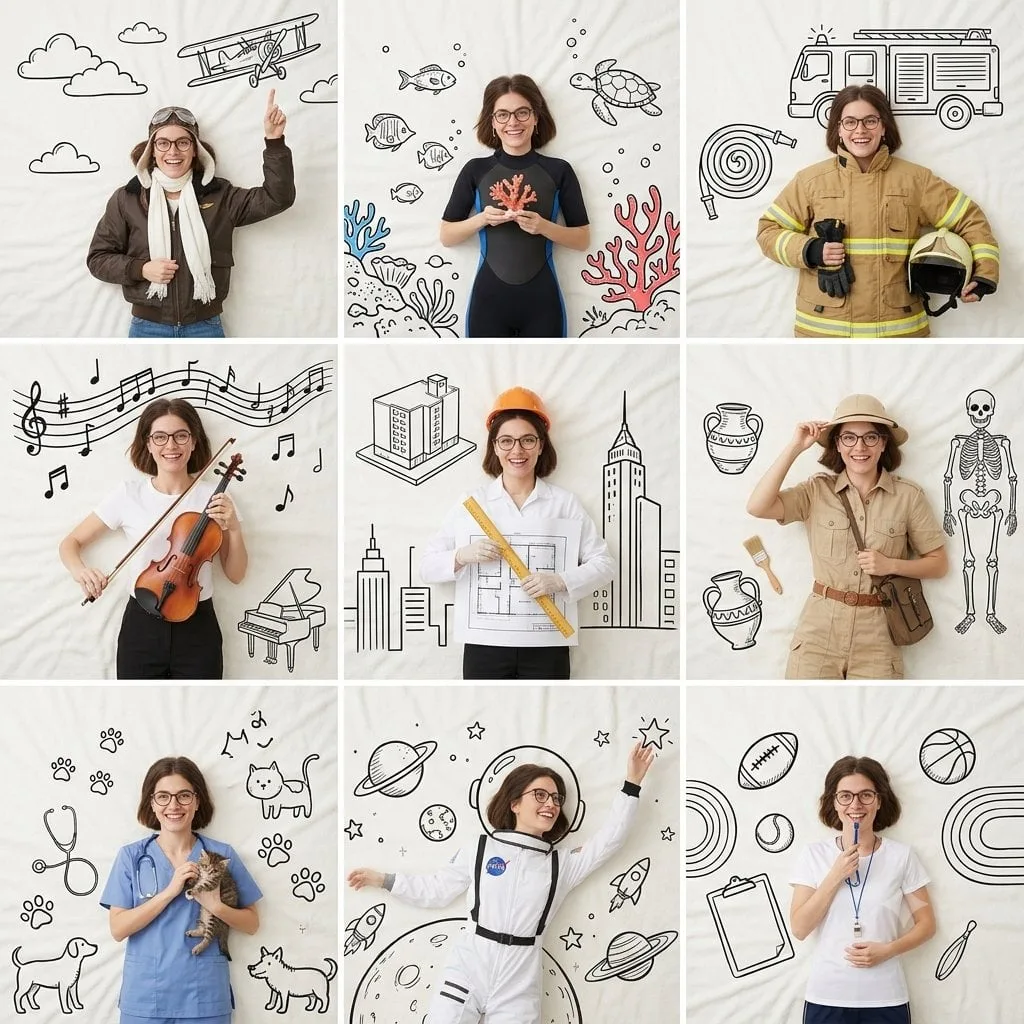 A professional 3×3 collage featuring the same beautiful y...