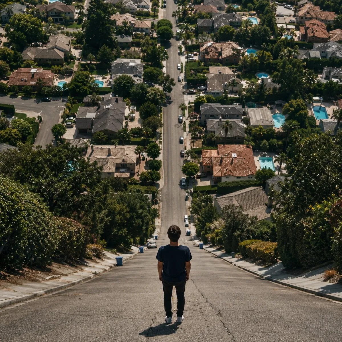 A surreal cinematic photograph of a lone young man standi...