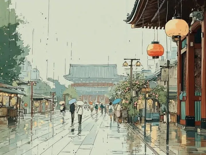 A serene rainy day in a traditional Japanese town, with a...