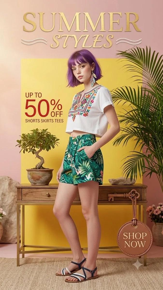 A vibrant summer fashion editorial portrait featuring a y...