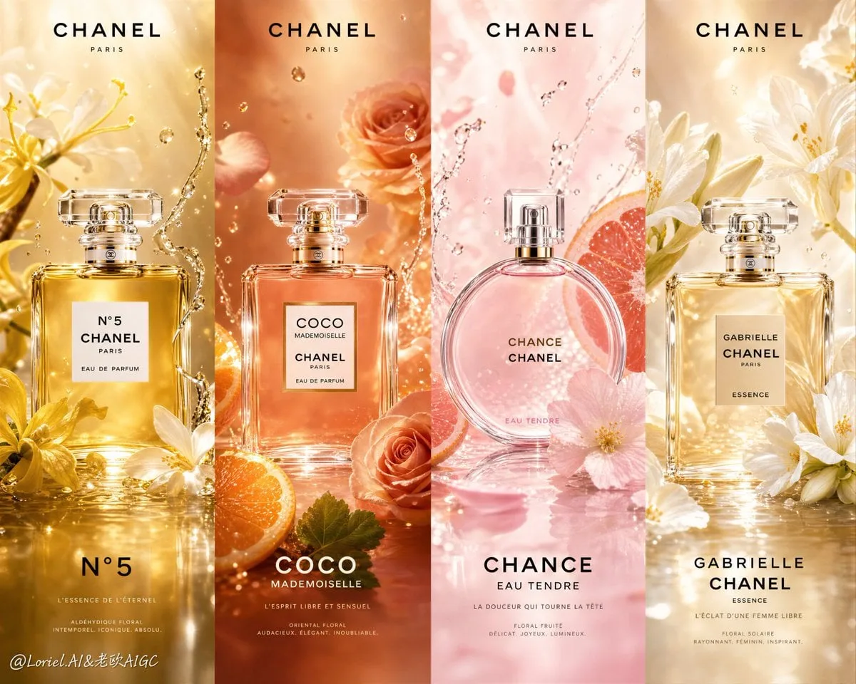 Create an ultra-premium horizontal 4-panel Chanel perfume...