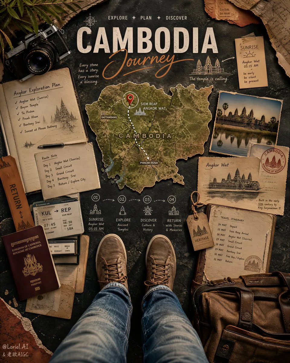 Create an ultra-premium top-down travel planning poster f...