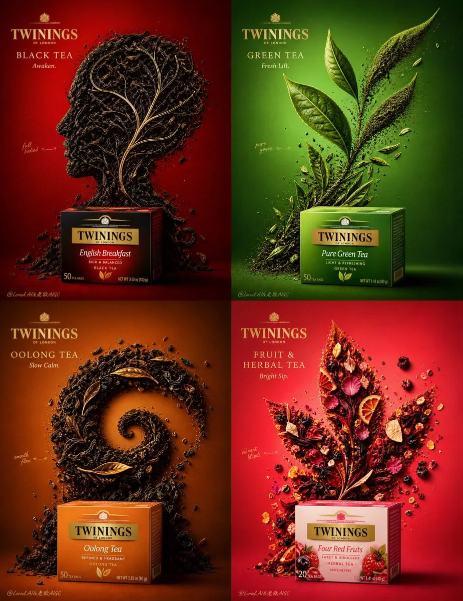 Create an ultra-premium 4-panel commercial poster for Twi...