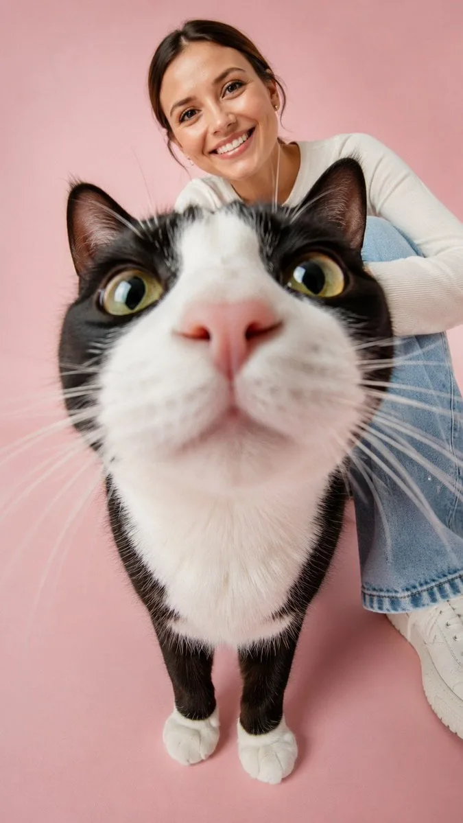 Create an image of me in the same frame as a cat. In a re...