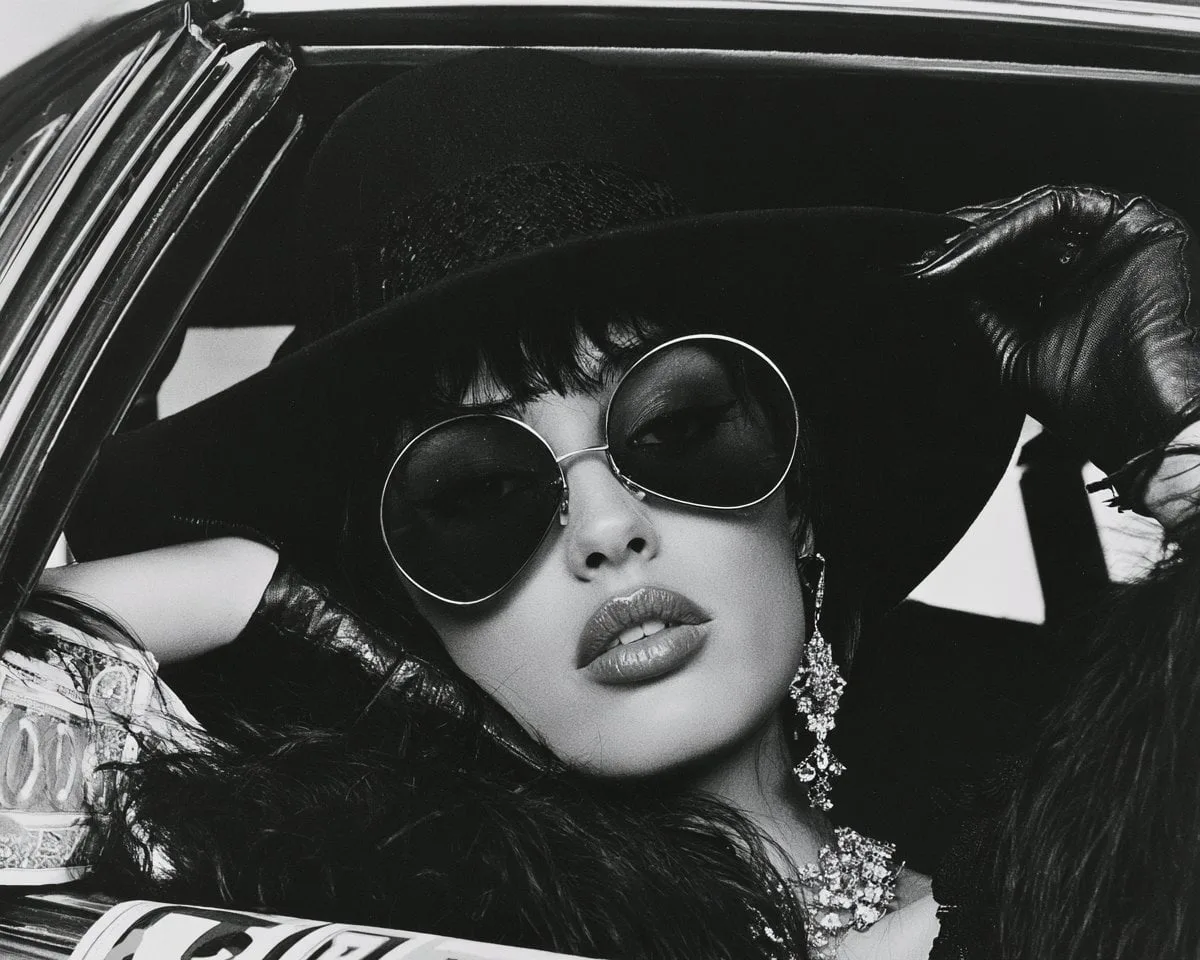 elegant woman sitting inside a classic luxury car, oversi...