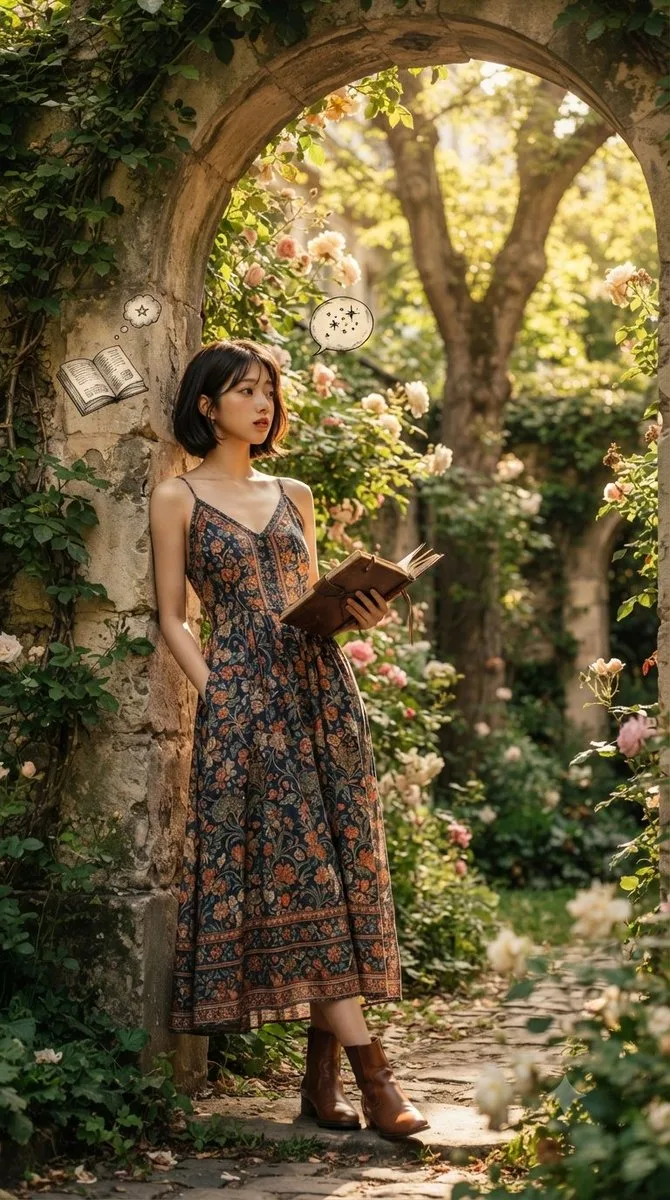 A serene literary escape amidst blooming garden ruins, wh...