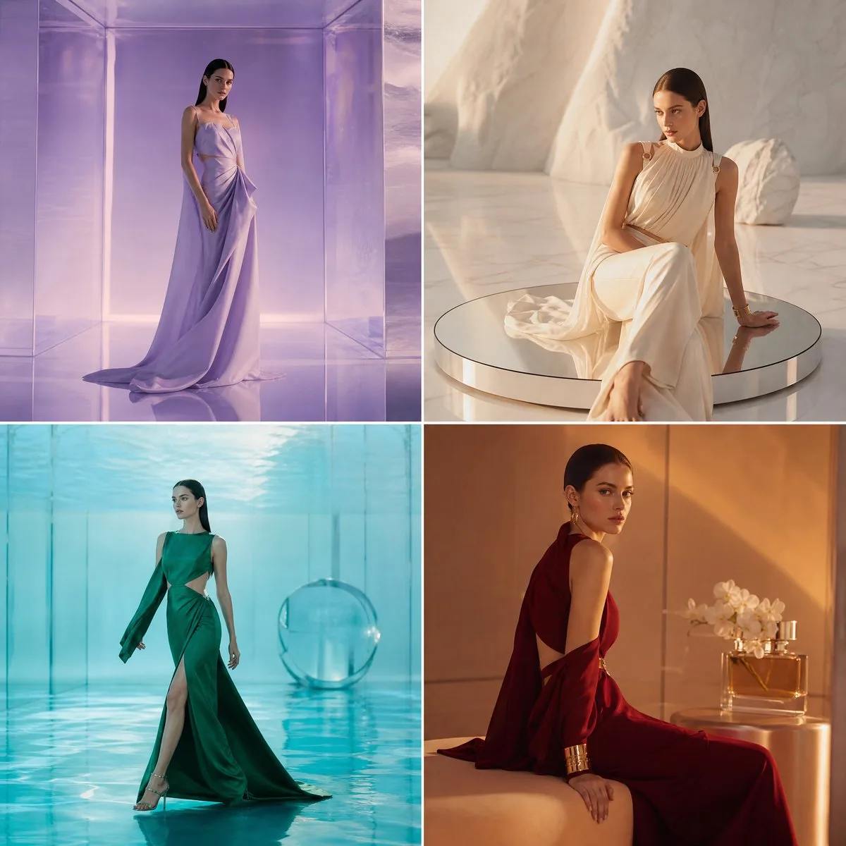 2x2 grid collage of four unique ultra-realistic luxury fa...