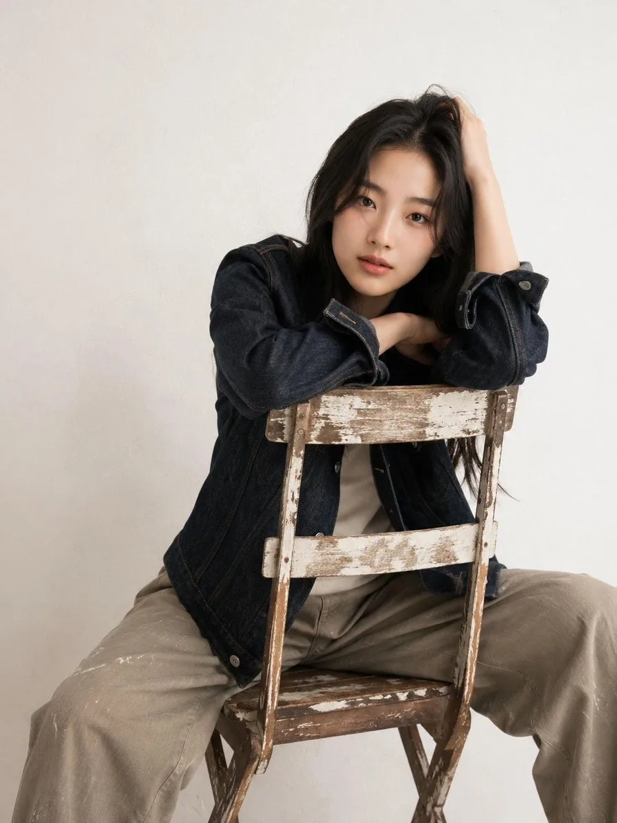 Create a restrained studio fashion portrait with an exact...