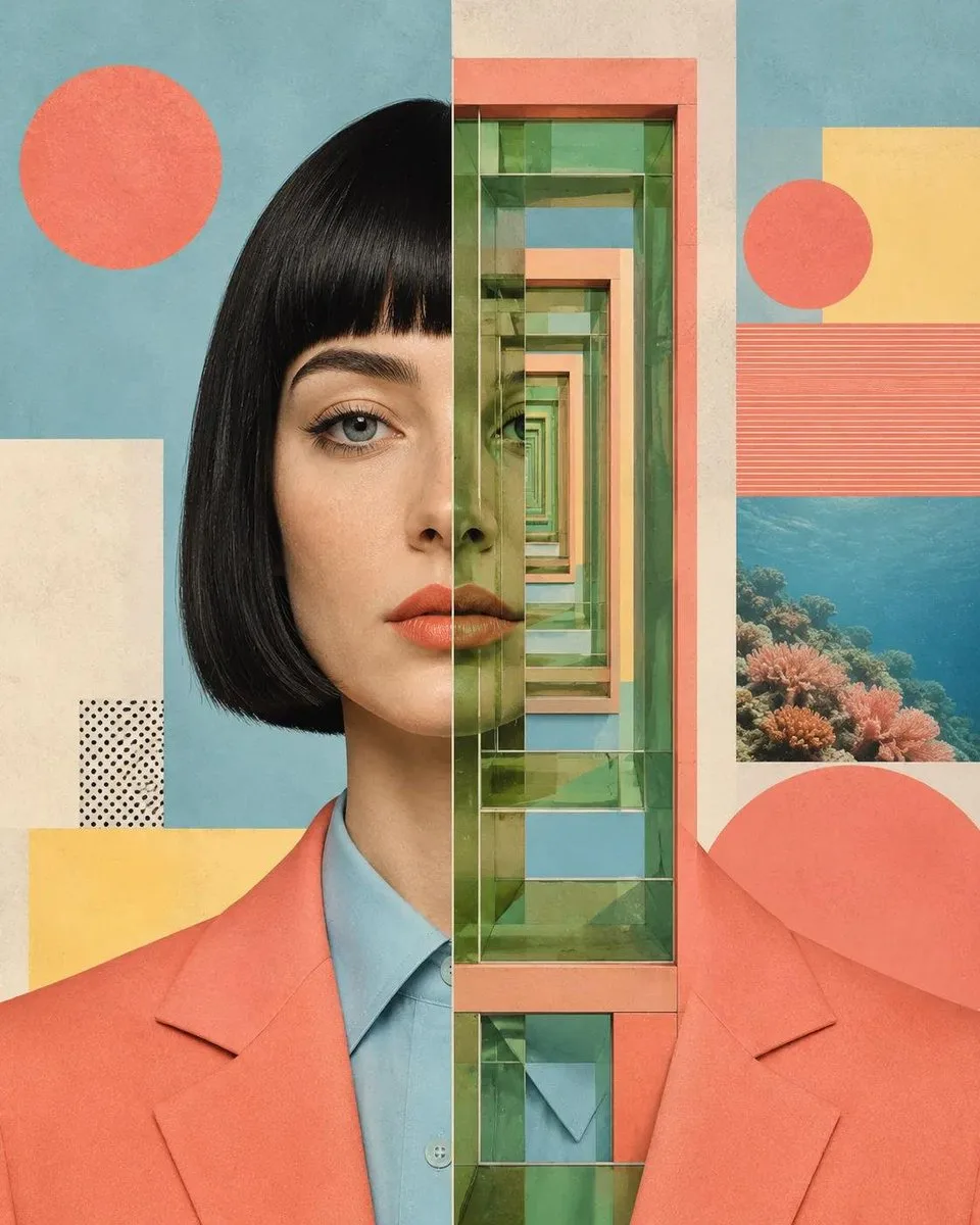 Create a contemporary editorial collage portrait that sea...