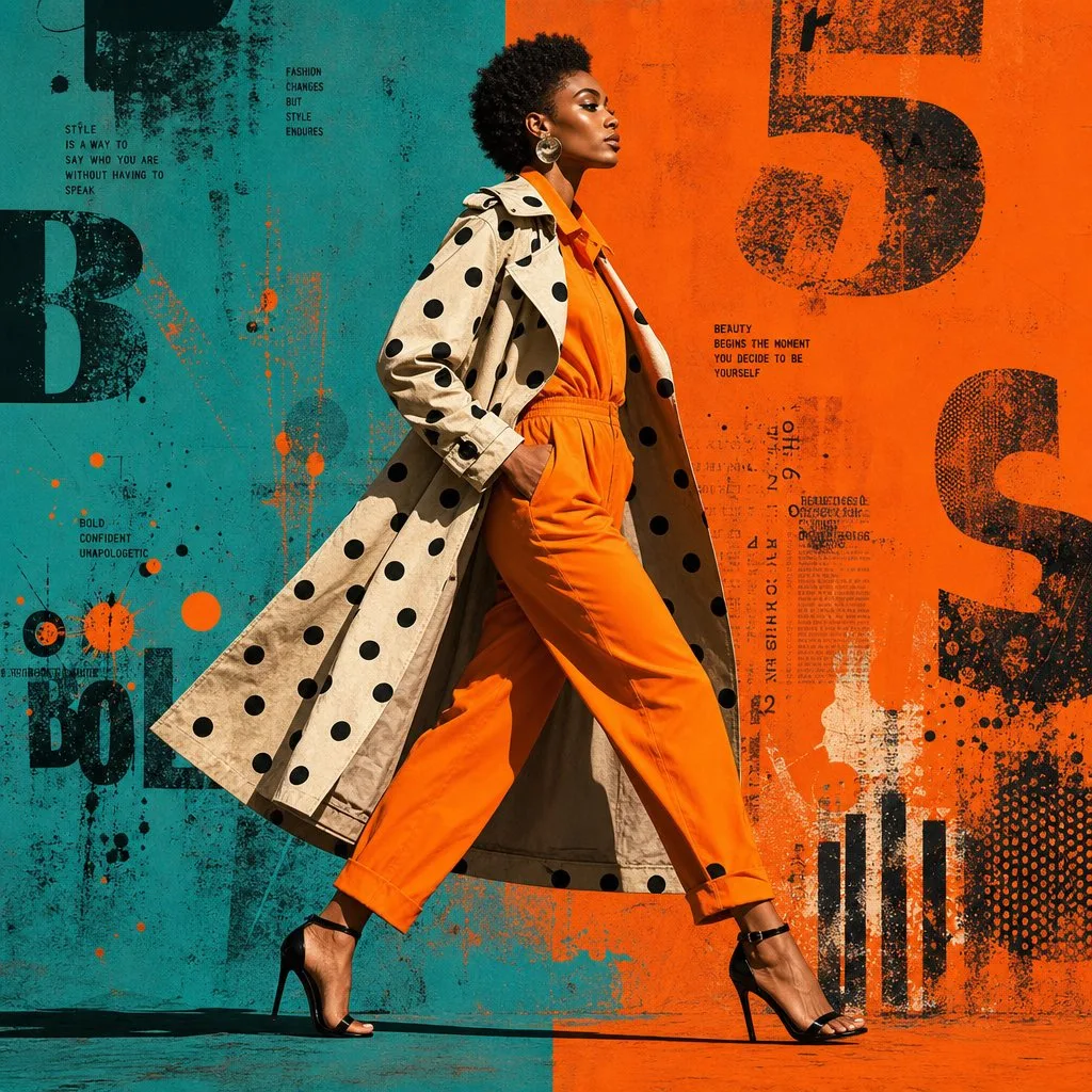 A stylish woman with a short, textured afro strides confi...