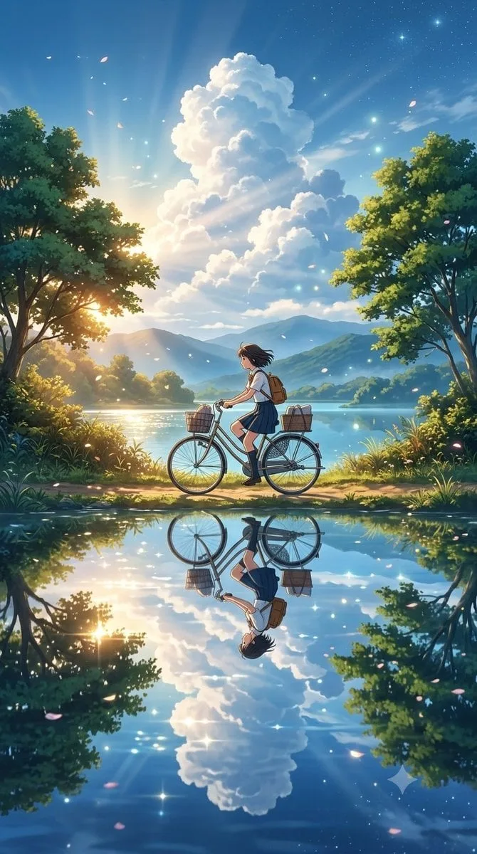 A breathtaking cinematic anime-style landscape at golden ...