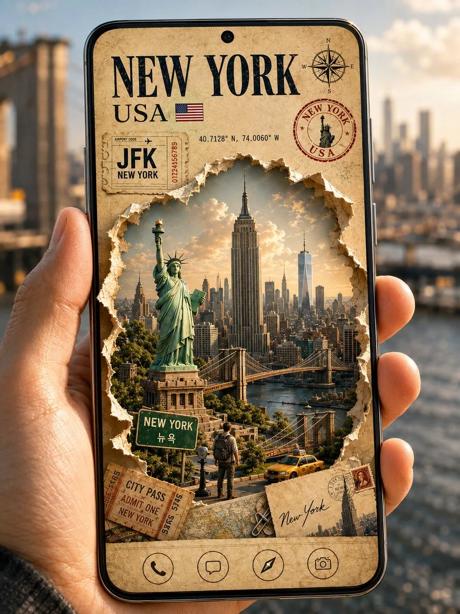 Create a premium cinematic 3D travel poster displayed on ...