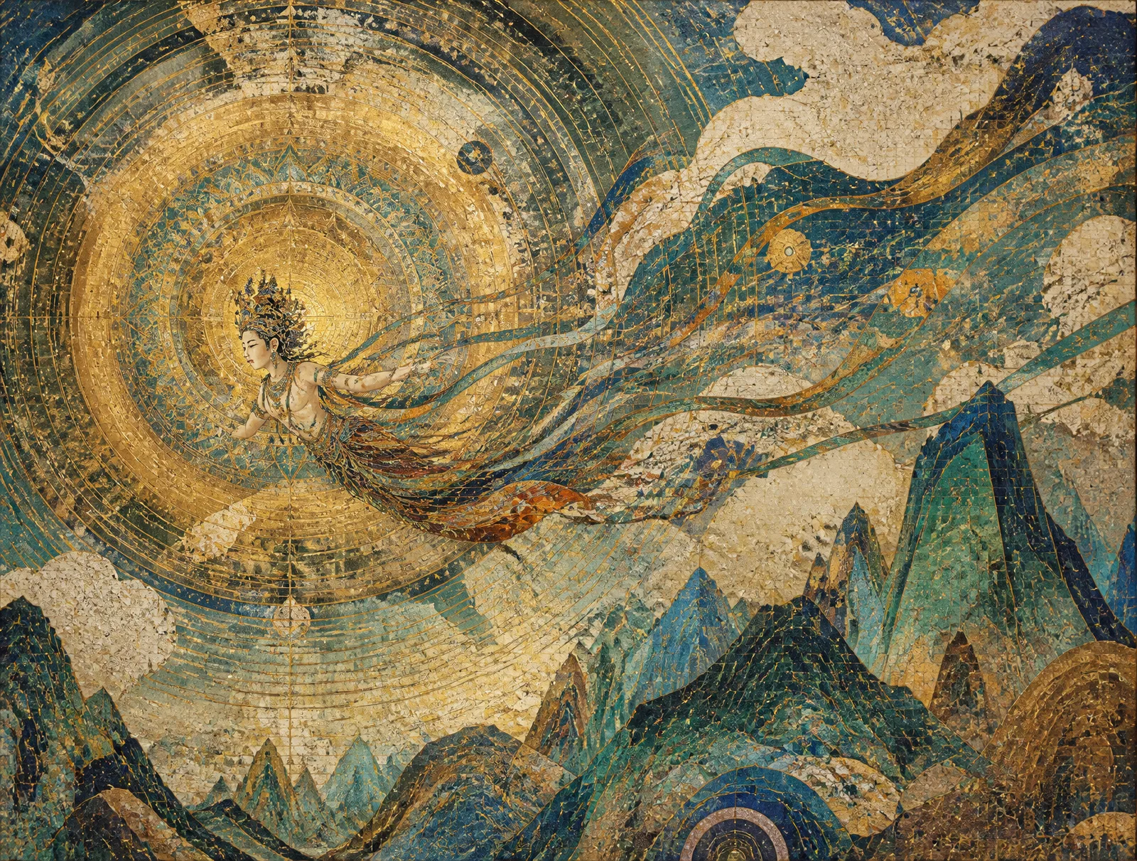 In the mural of an ancient lost civilization, a Dunhuang flying fairy…