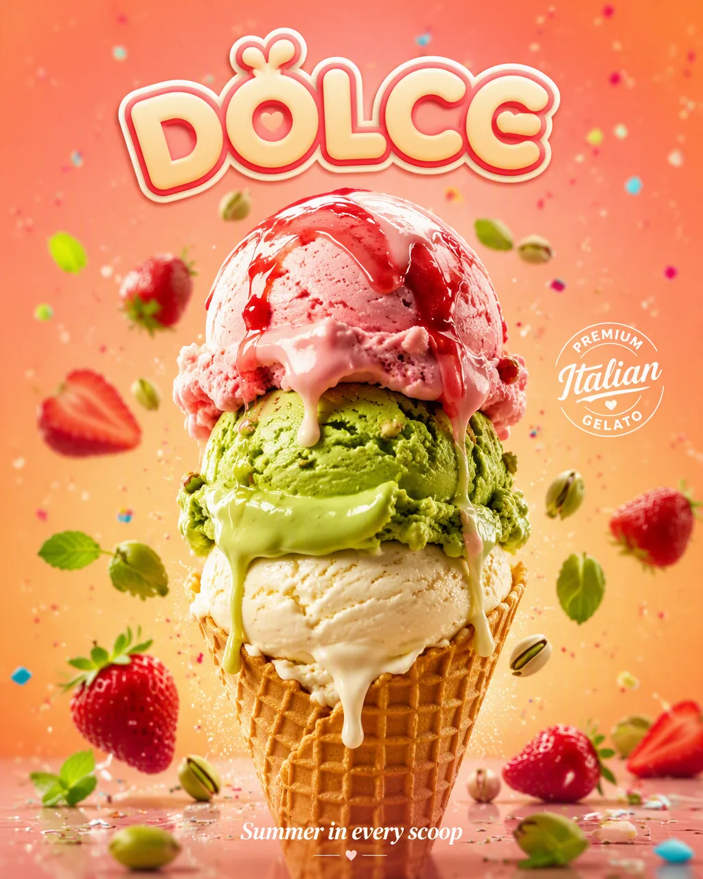 Create a vibrant premium ice-cream advertising poster for...