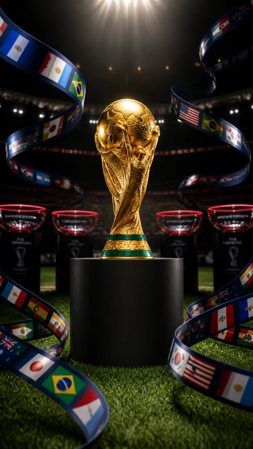 The FIFA World Cup trophy sits centered on a matte black ...