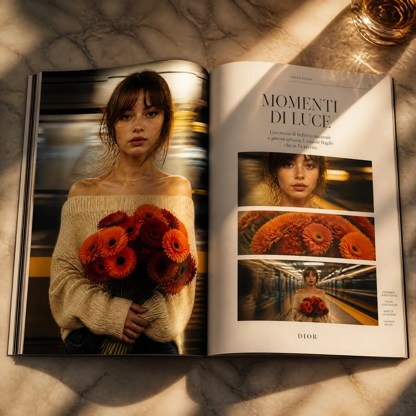An open luxury fashion magazine sits on a quality marble ta…