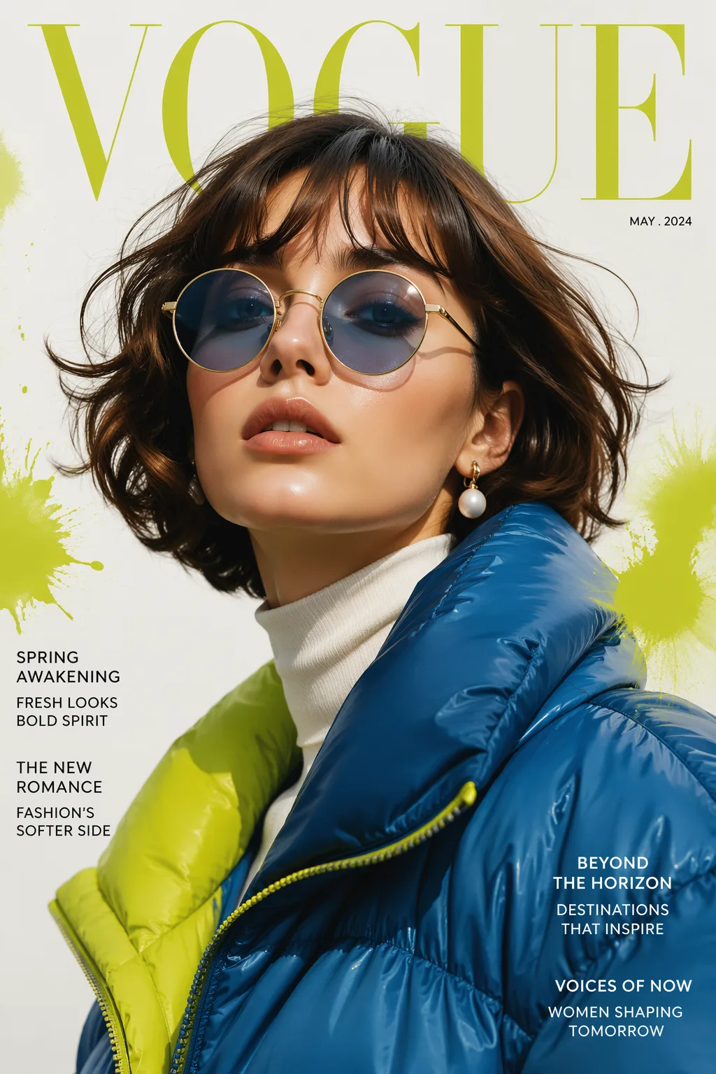 A cinematic fashion portrait of a young woman with a shor...