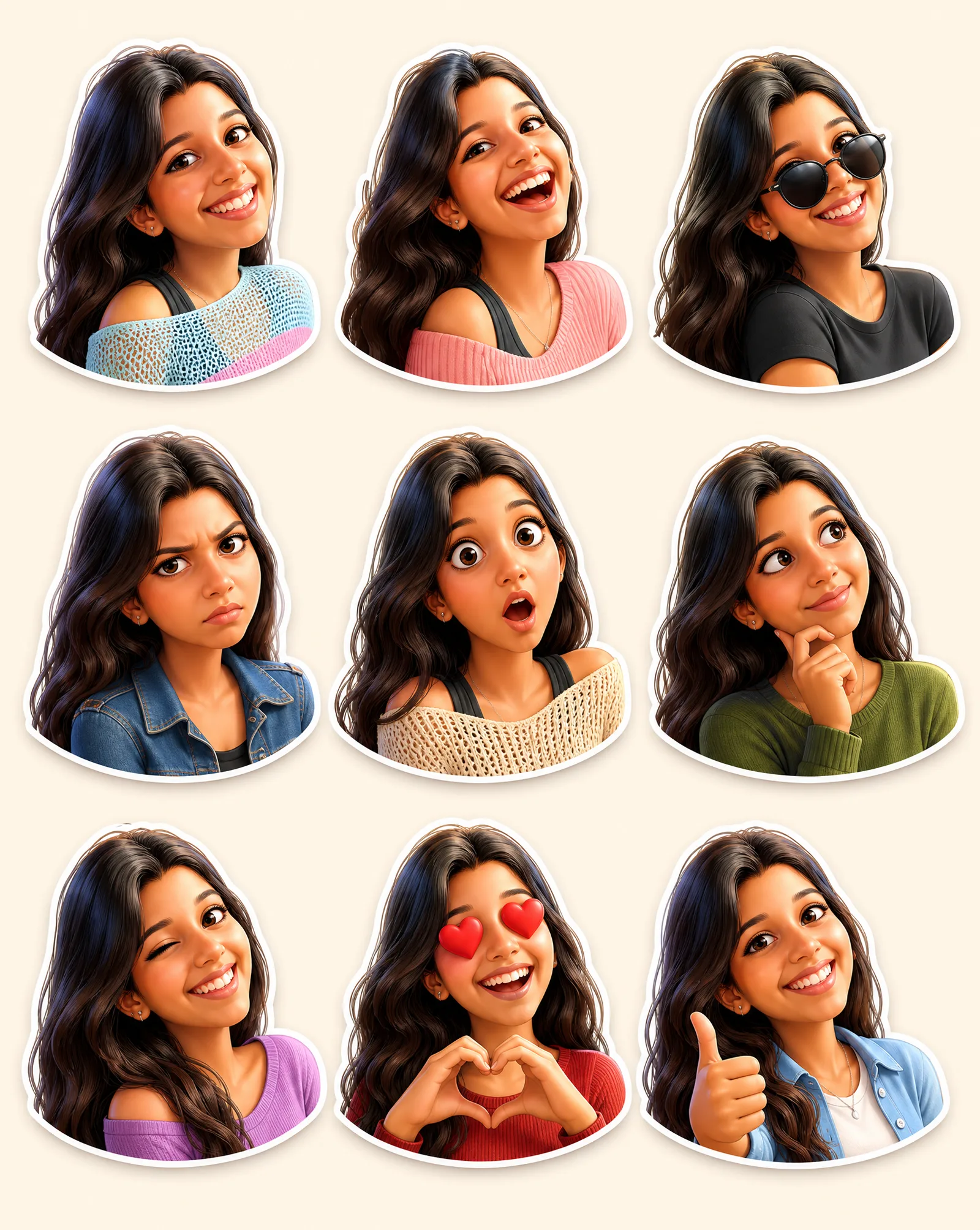 Create a premium Pixar-style 3D character sticker set tha...