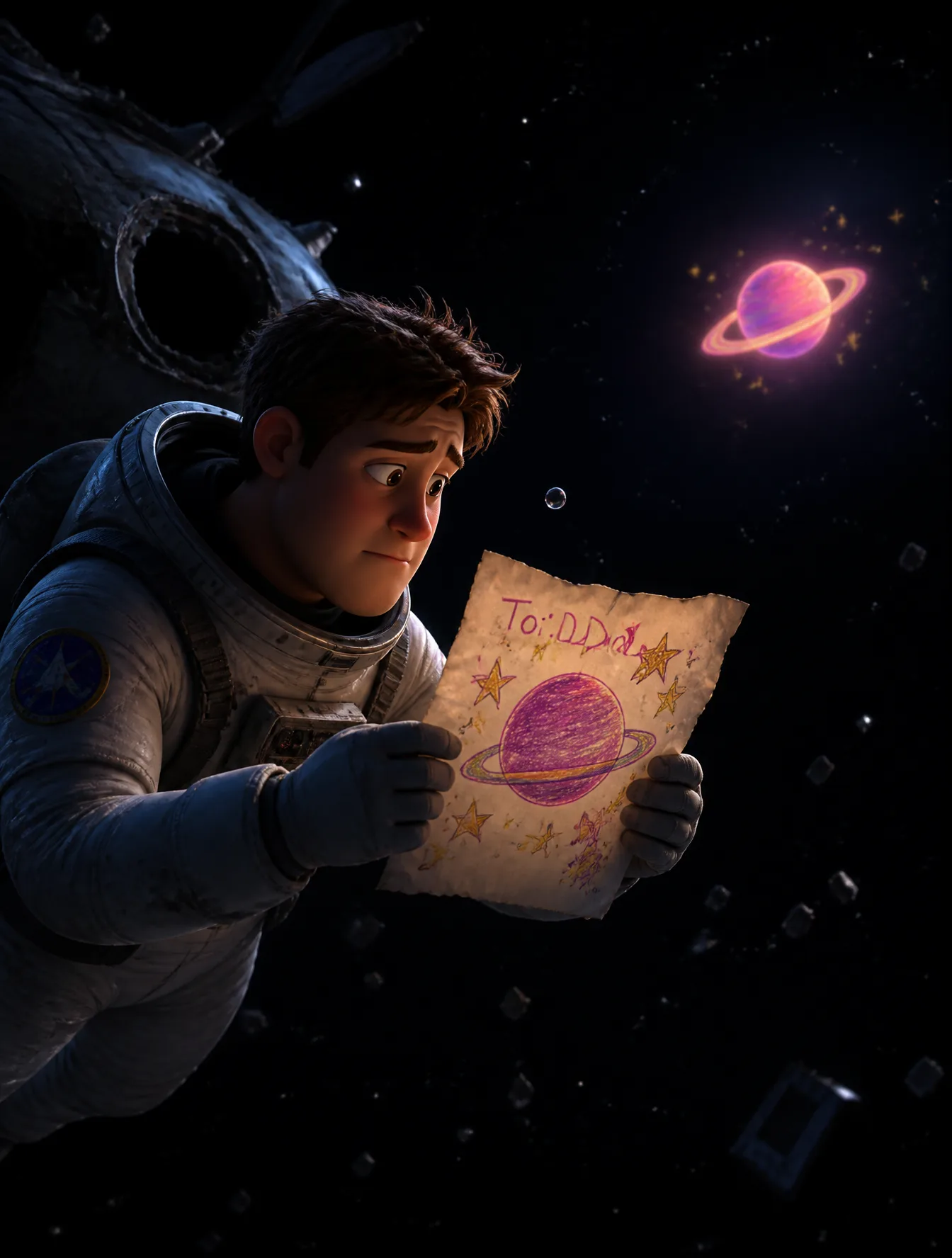 A young astronaut floats alone outside a broken spaceship...