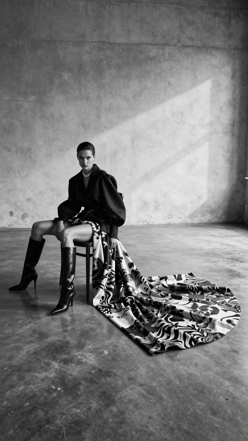 Create an ultra-realistic black-and-white high-fashion ed...