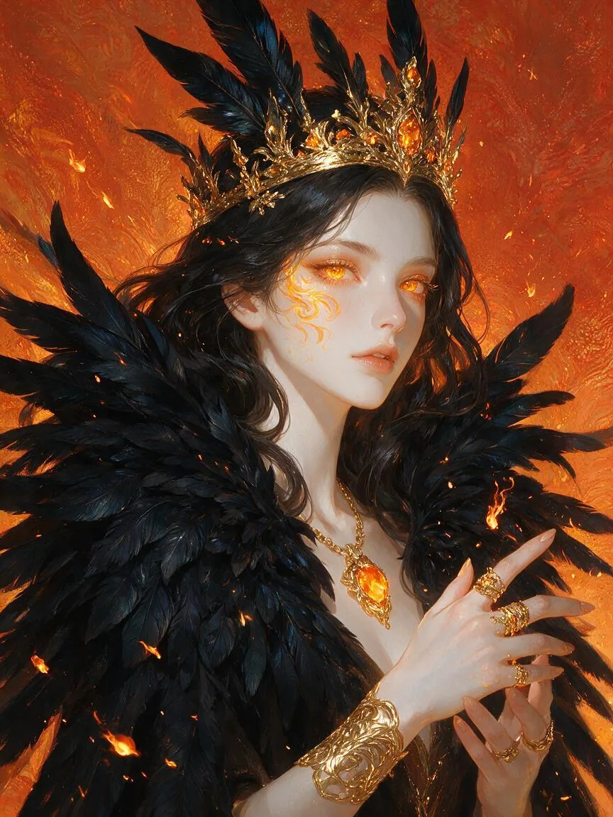 A regal queen with glowing amber eyes and ethereal flame-...