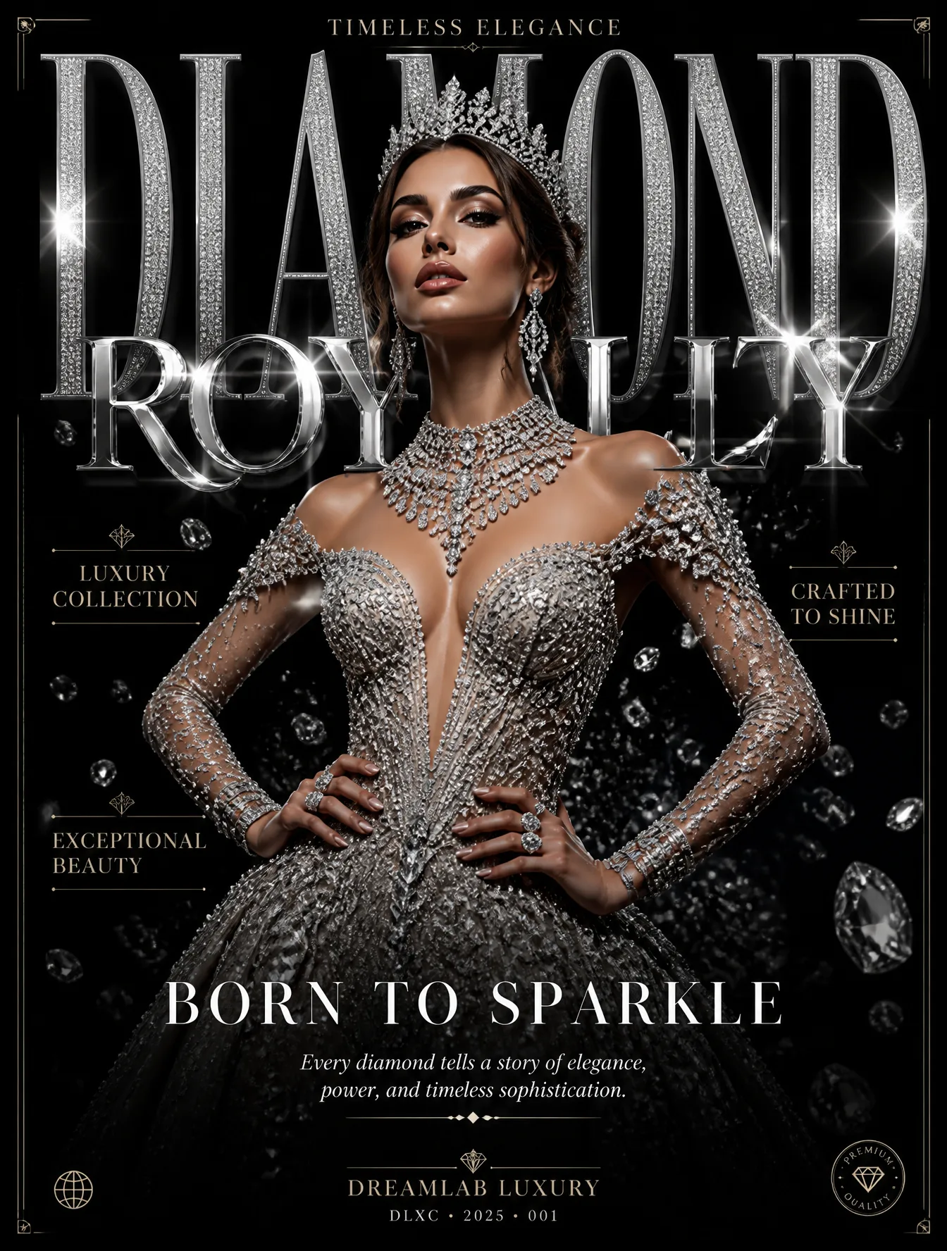 Ultra-luxury fashion editorial poster on a clean black ba...