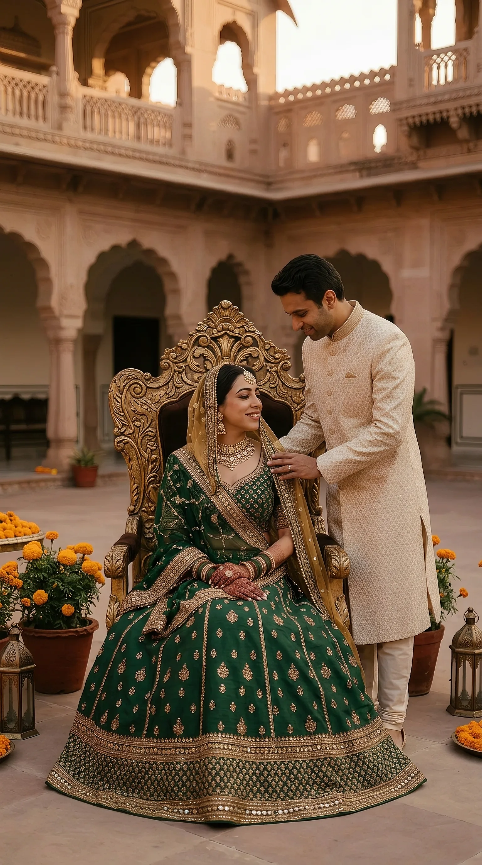 Lady in green lehnga with head covering head like traditi...