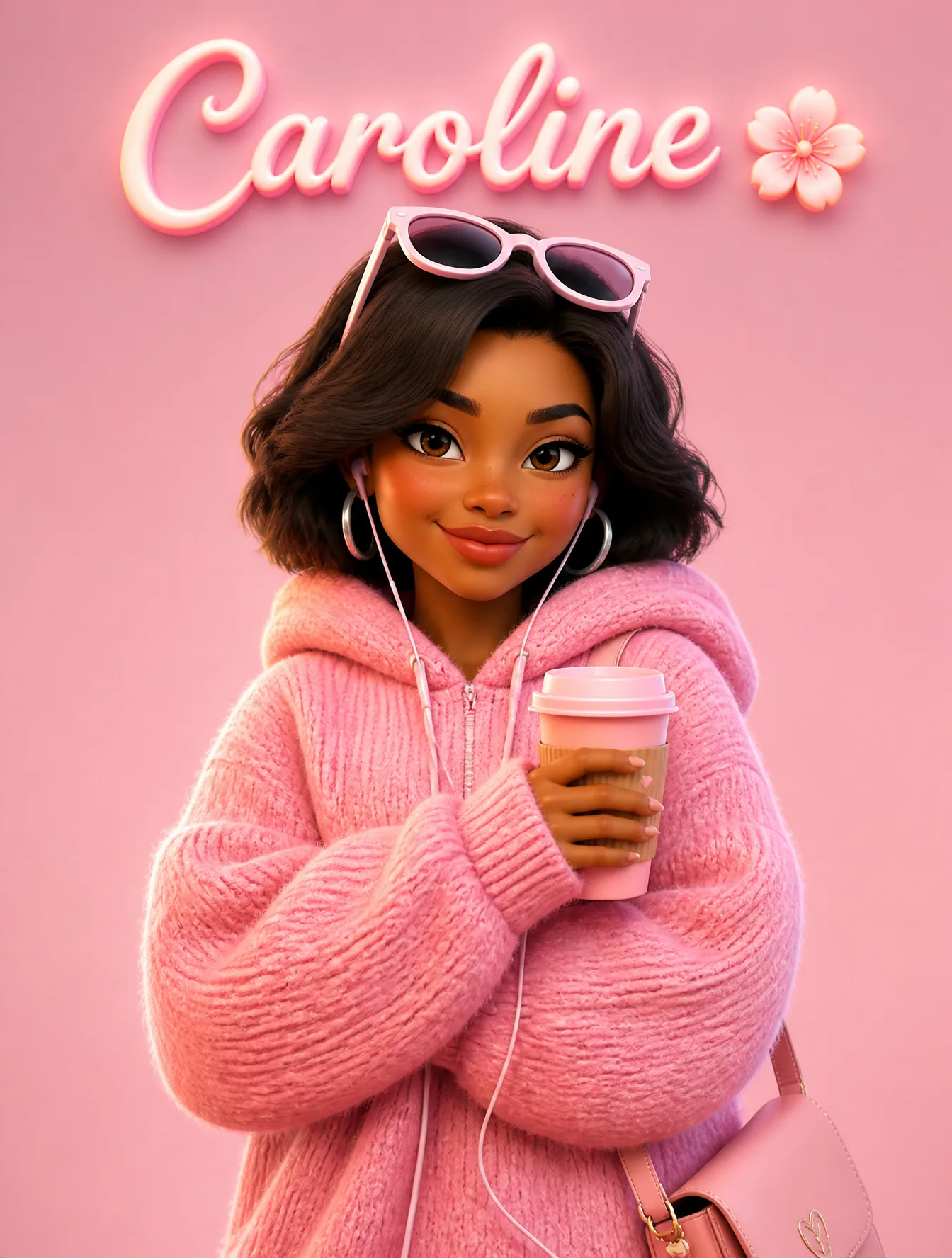 A cute Pixar-style 3D cartoon girl standing against a sof...