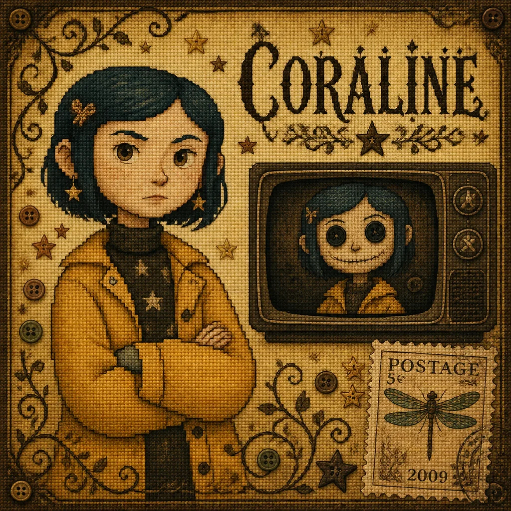 Vintage cross-stitch fan art illustration in scrapbook la...