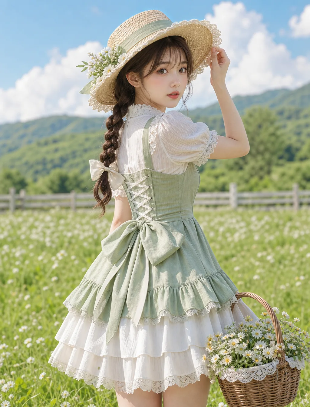 In a bright meadow with small white flowers, a young woman …
