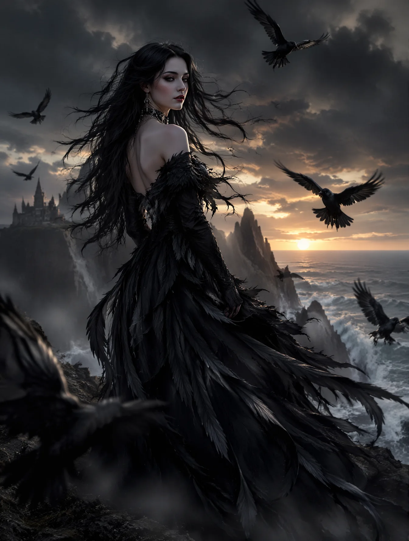 A hauntingly beautiful woman stands on a windswept cliff ...