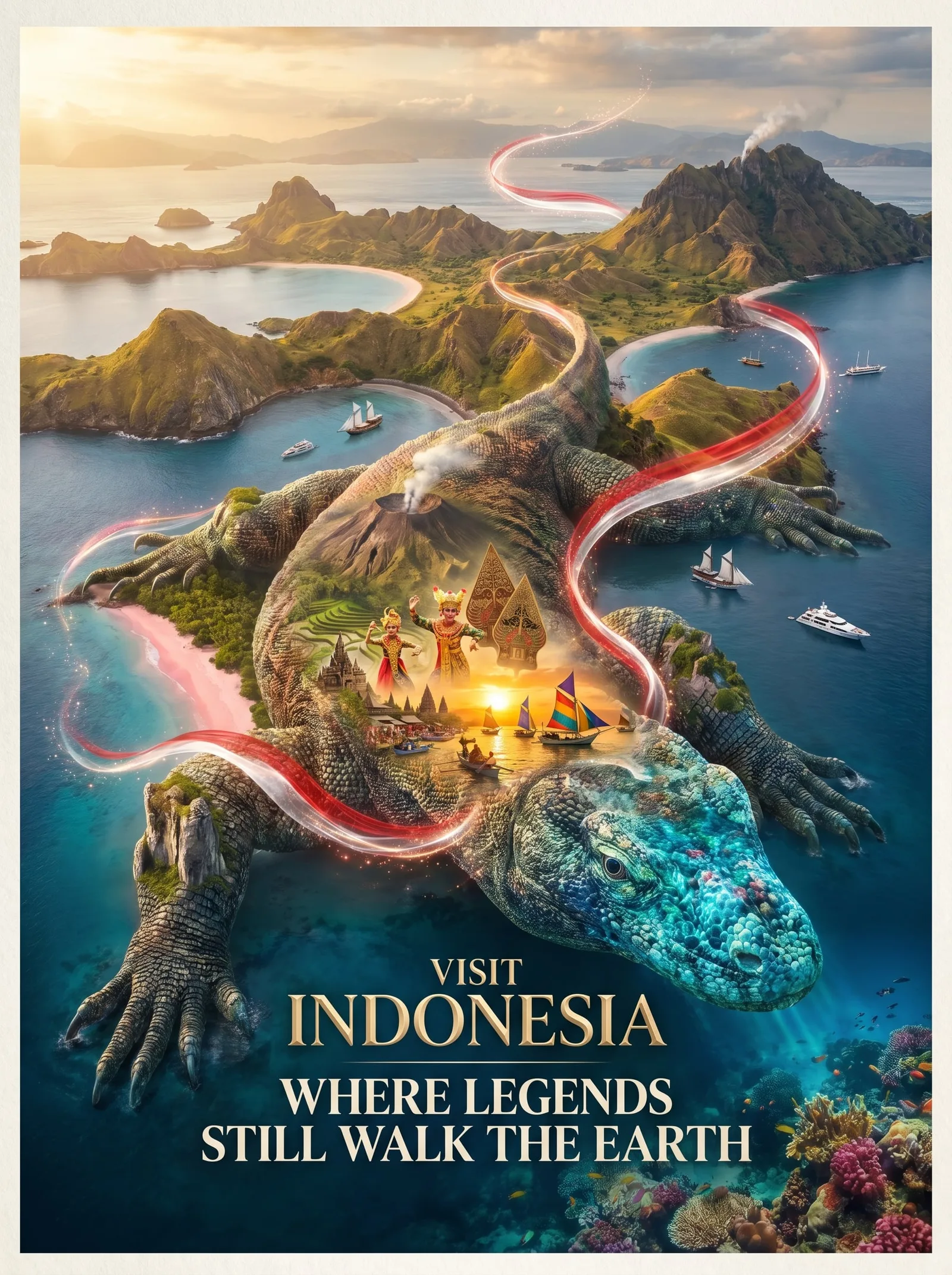 Create a revolutionary tourism poster for Indonesia where...