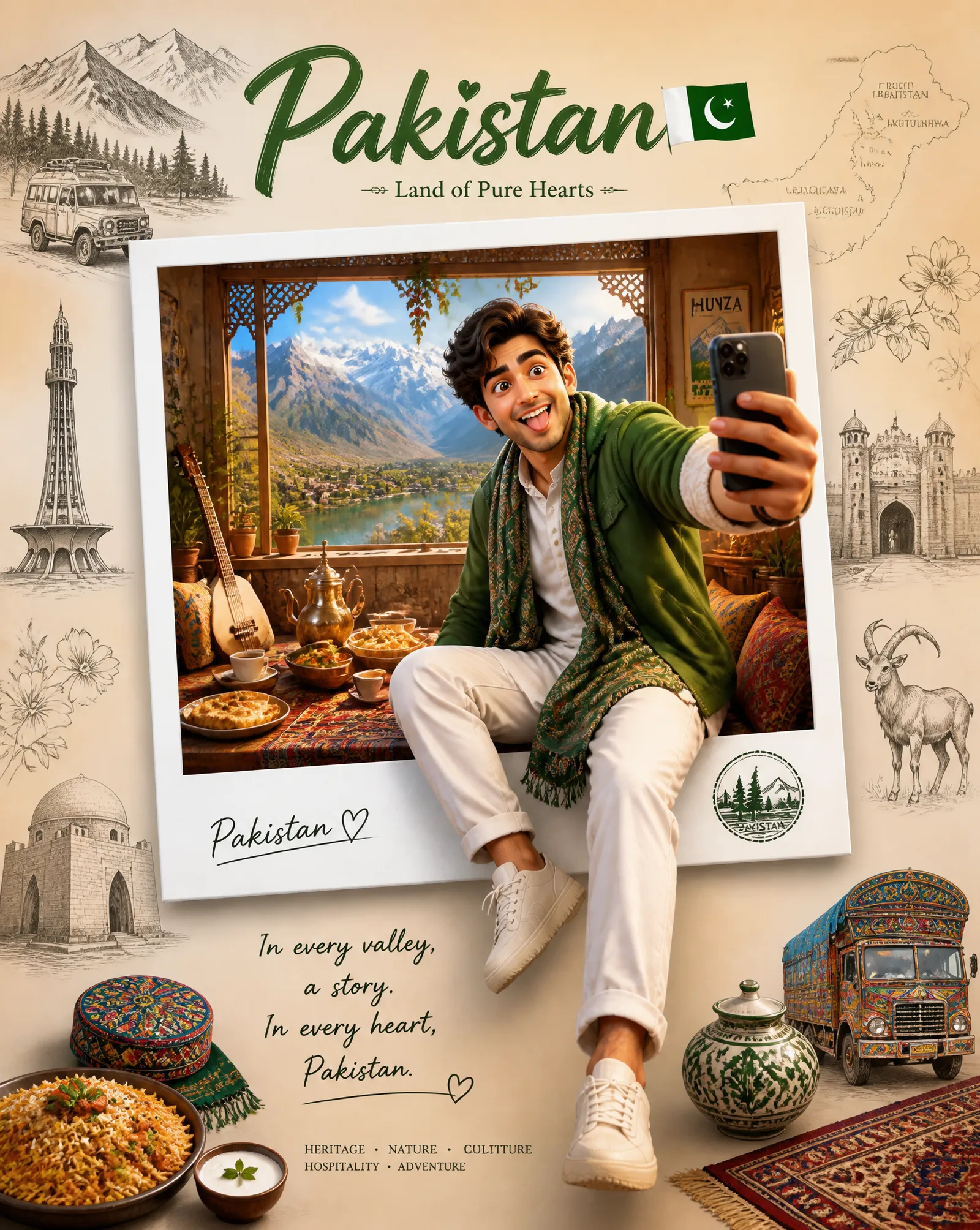 Create a premium collectible travel poster, Theme: Pakist...