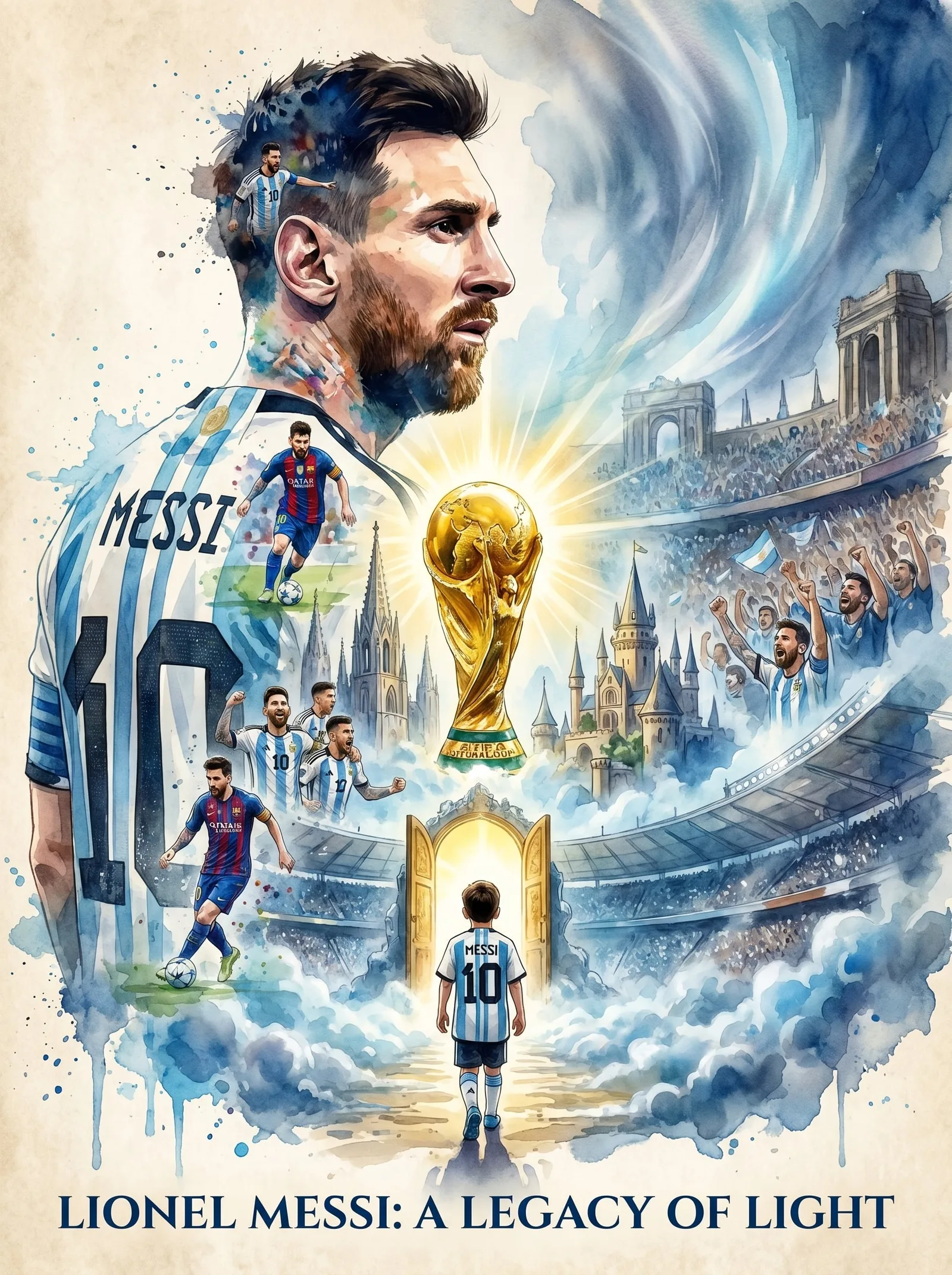 Epic cinematic watercolor poster of Lionel Messi, giant s...