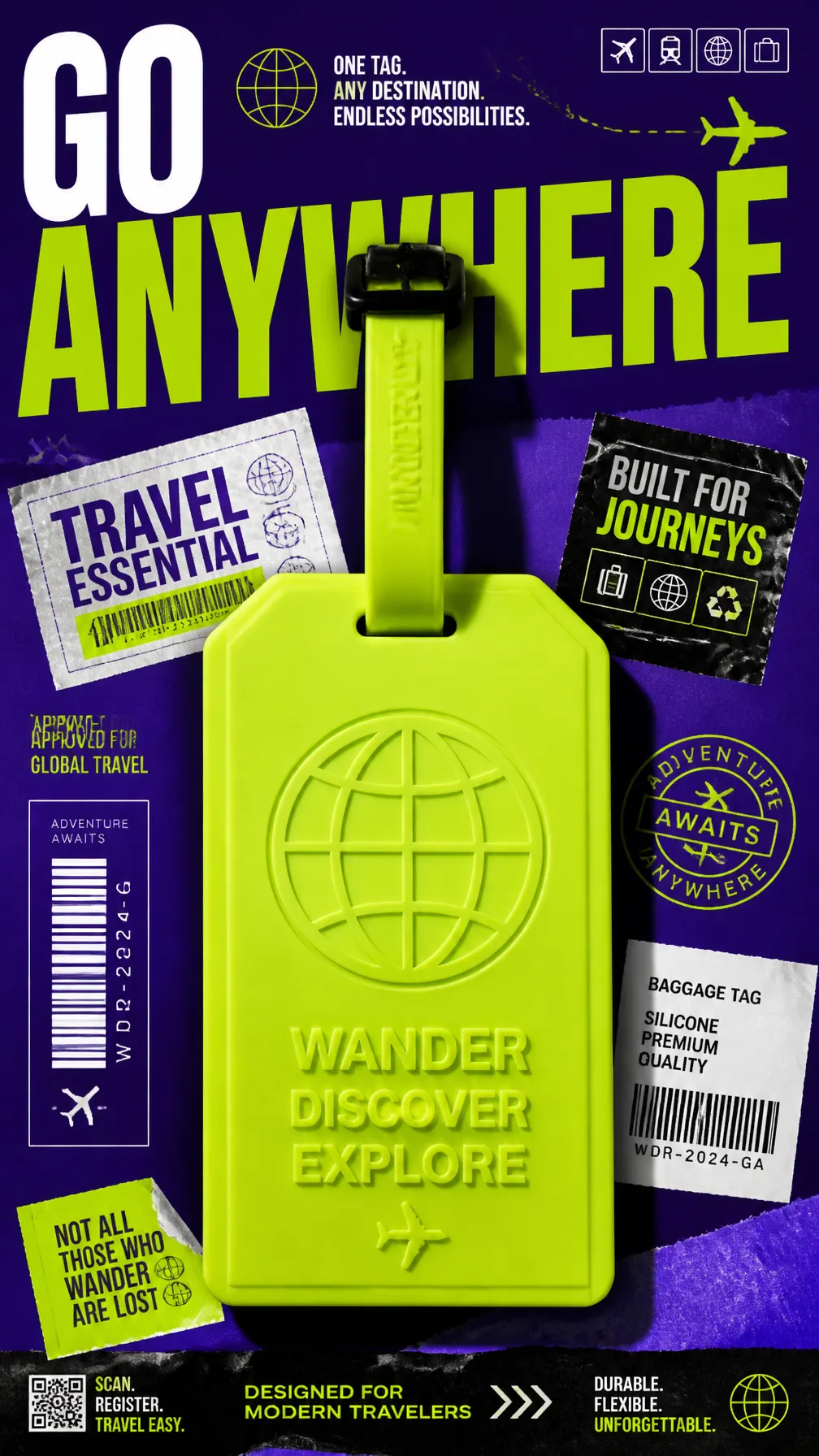 A premium 9:16 travel accessories advertising poster.Cent...