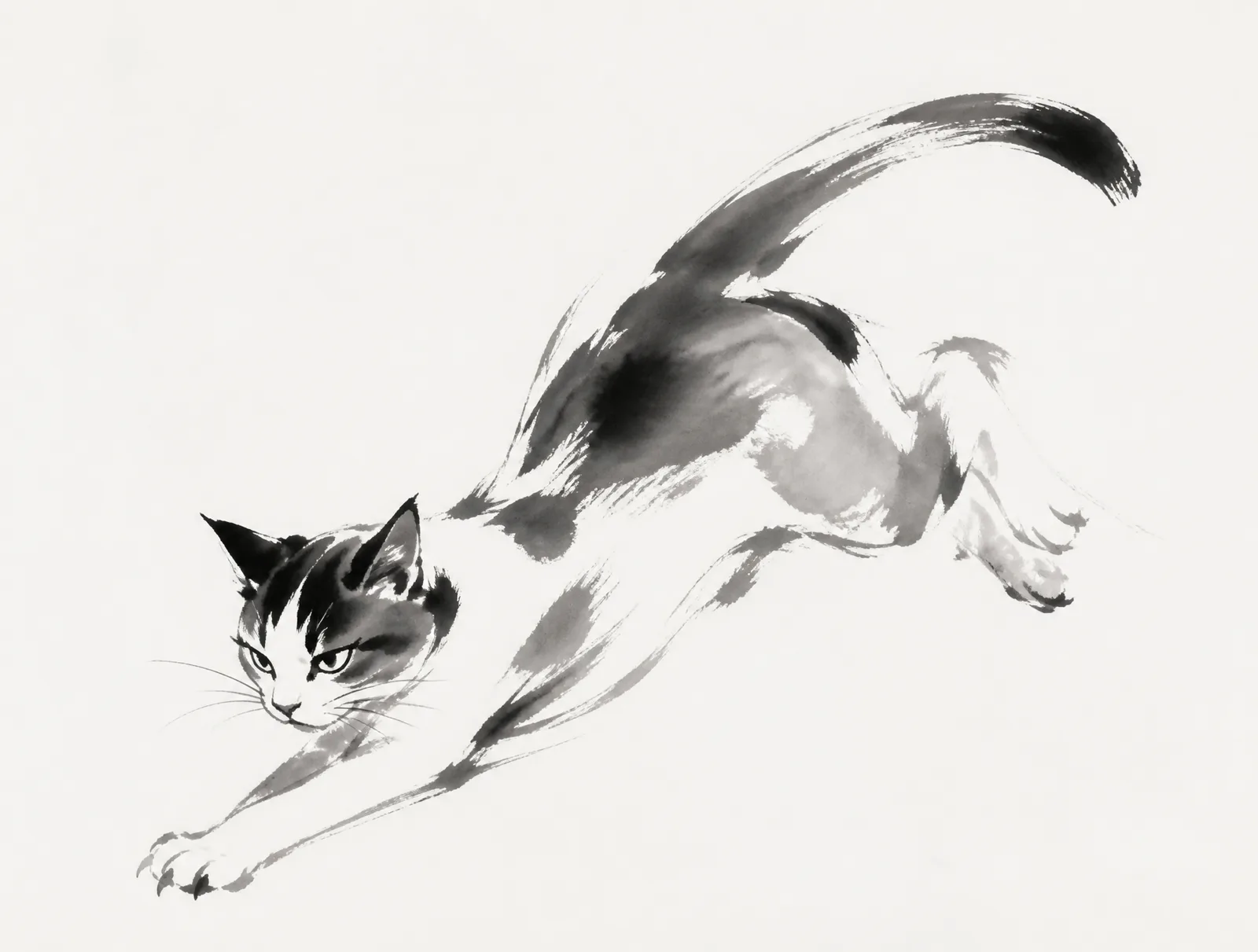 Cat, minimalist oriental ink dynamic sketch, no words