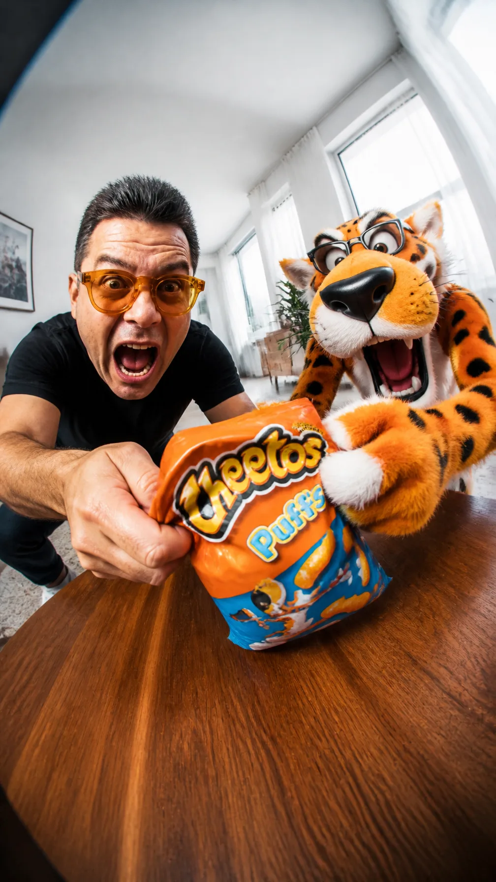 A hyper-realistic, dramatic, and humorous fisheye portrai...