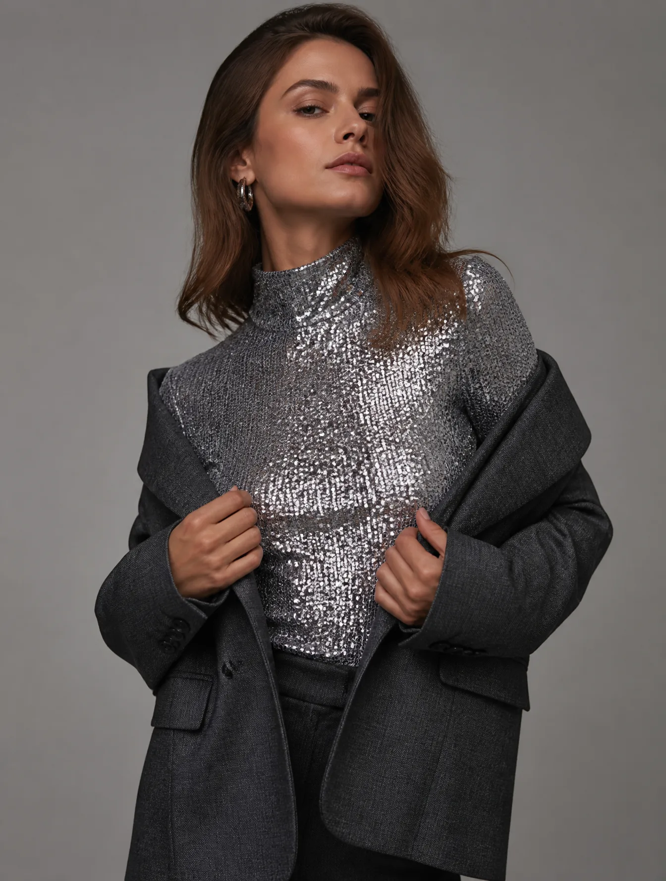 A high-fashion editorial medium shot of an elegant woman ...