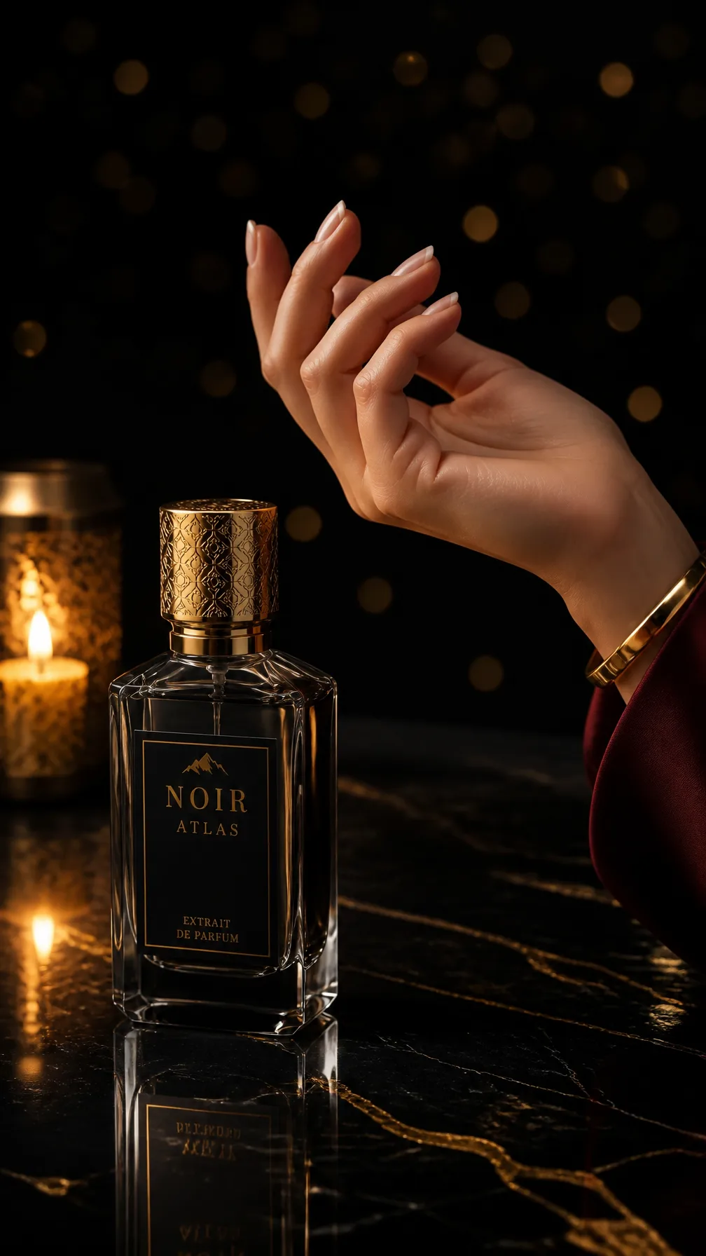 Ultra luxury perfume bottle "Noir Atlas" on black marble ...