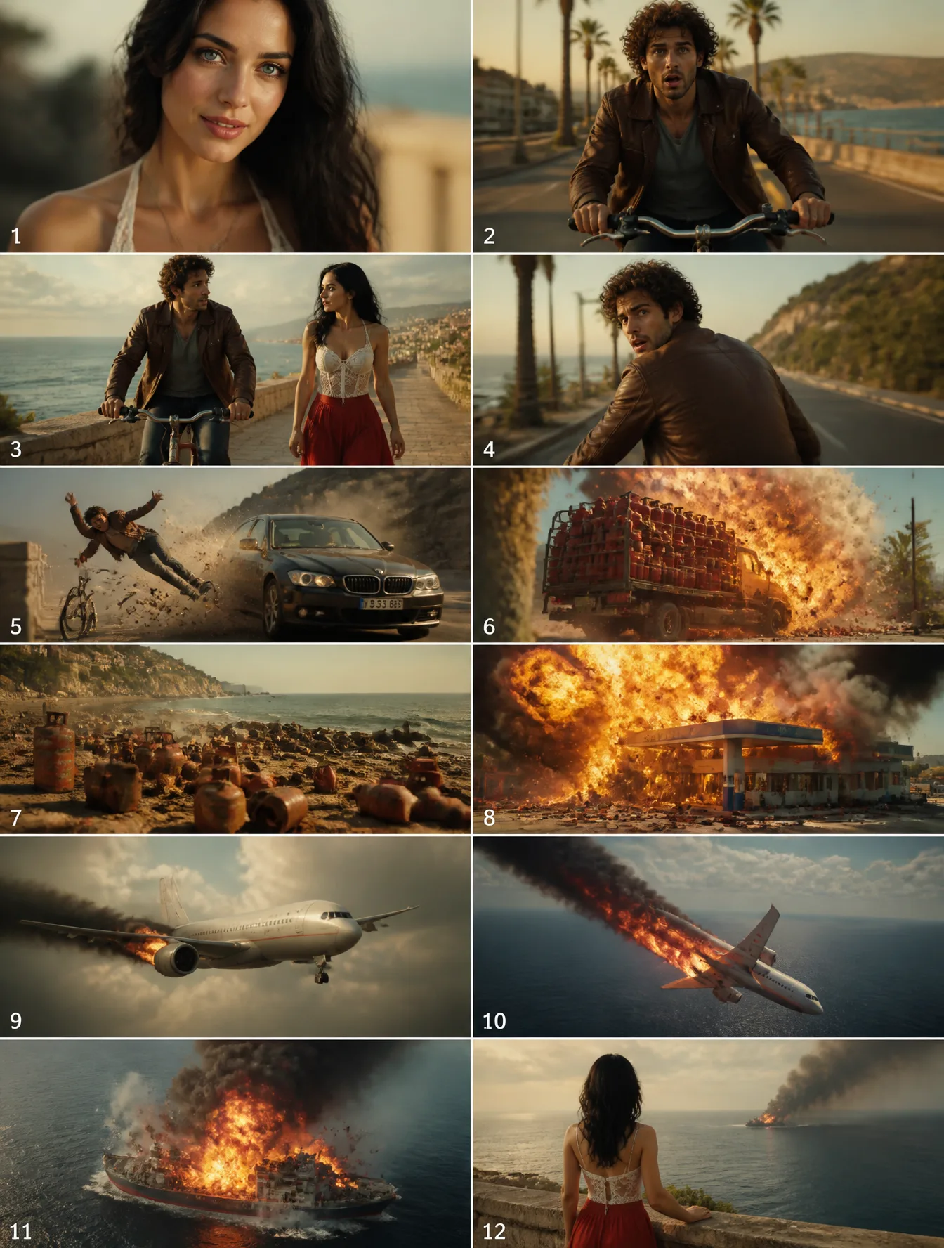 Cinematic action-drama storyboard sequence, photorealisti...