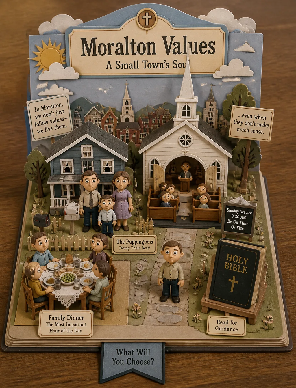Create a Moral Orel-themed 3D pop-up papercraft storybook...