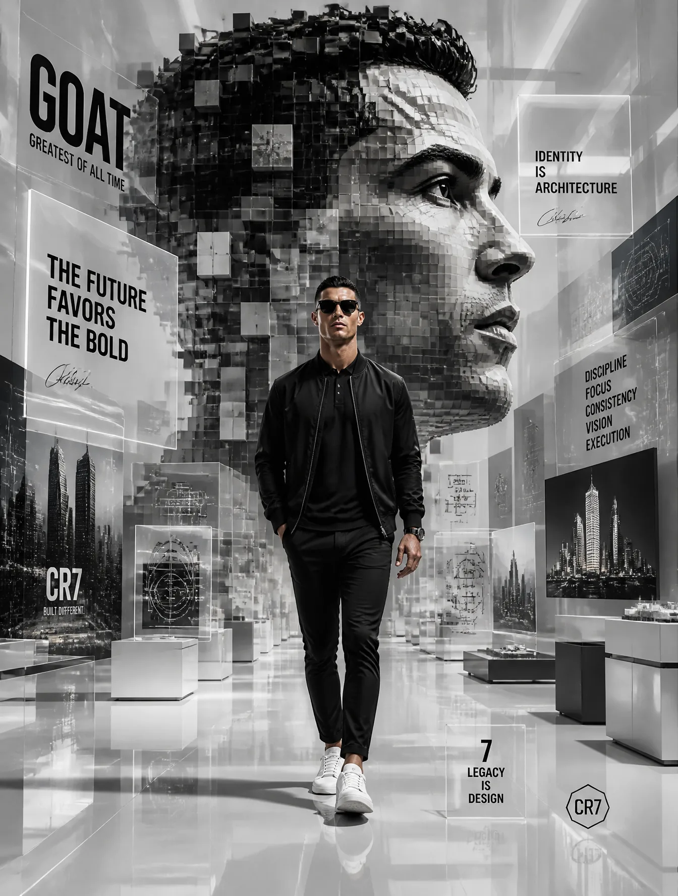 A futuristic monochrome motivational digital artwork feat...