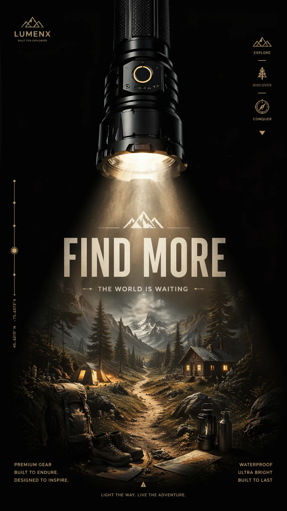 A premium 9:16 outdoor gear advertising poster.Main Subject: