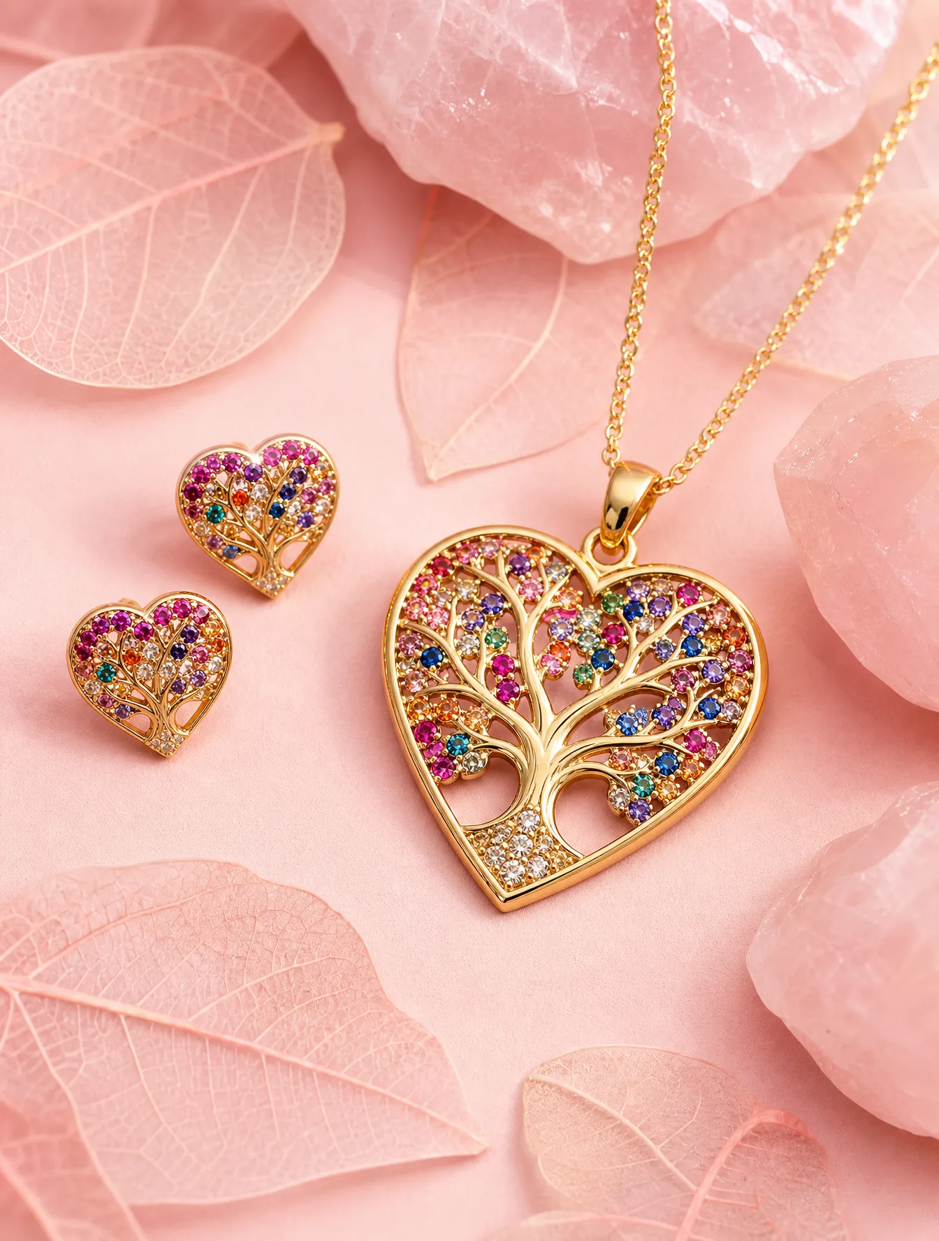 A gold heart-shaped pendant featuring a Tree of Life moti...