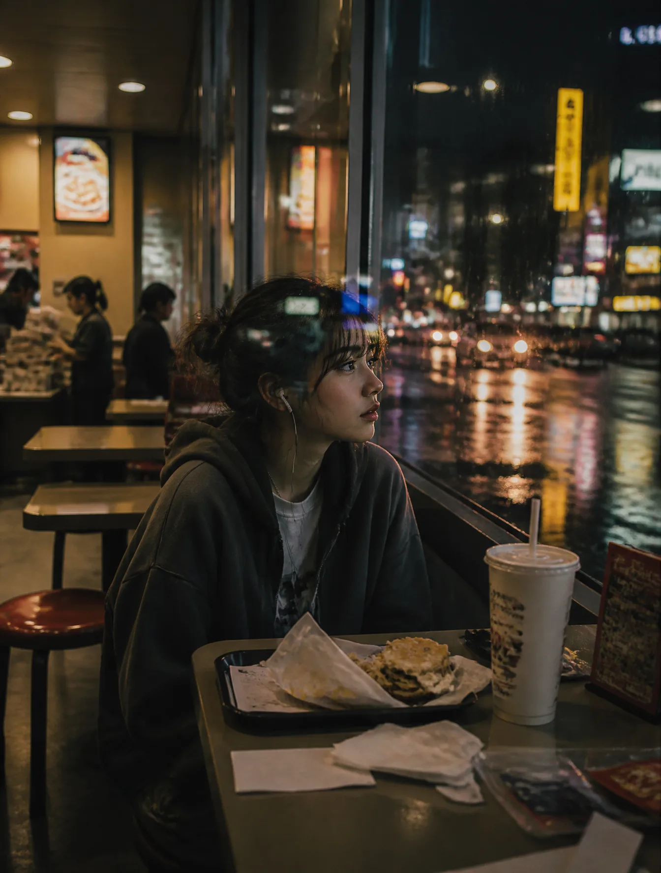 A young woman sitting alone inside a fast-food restaurant...