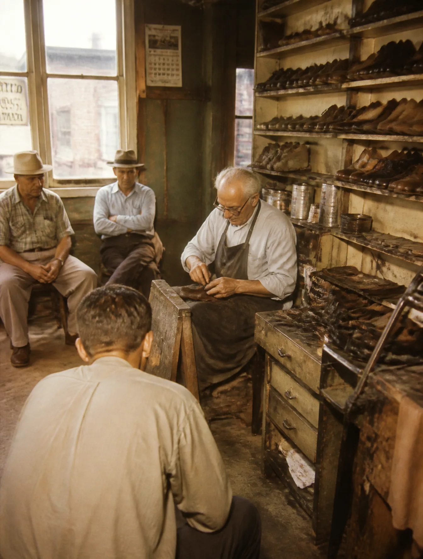 small neighborhood shoe repair shop in 1955, elderly cobb...
