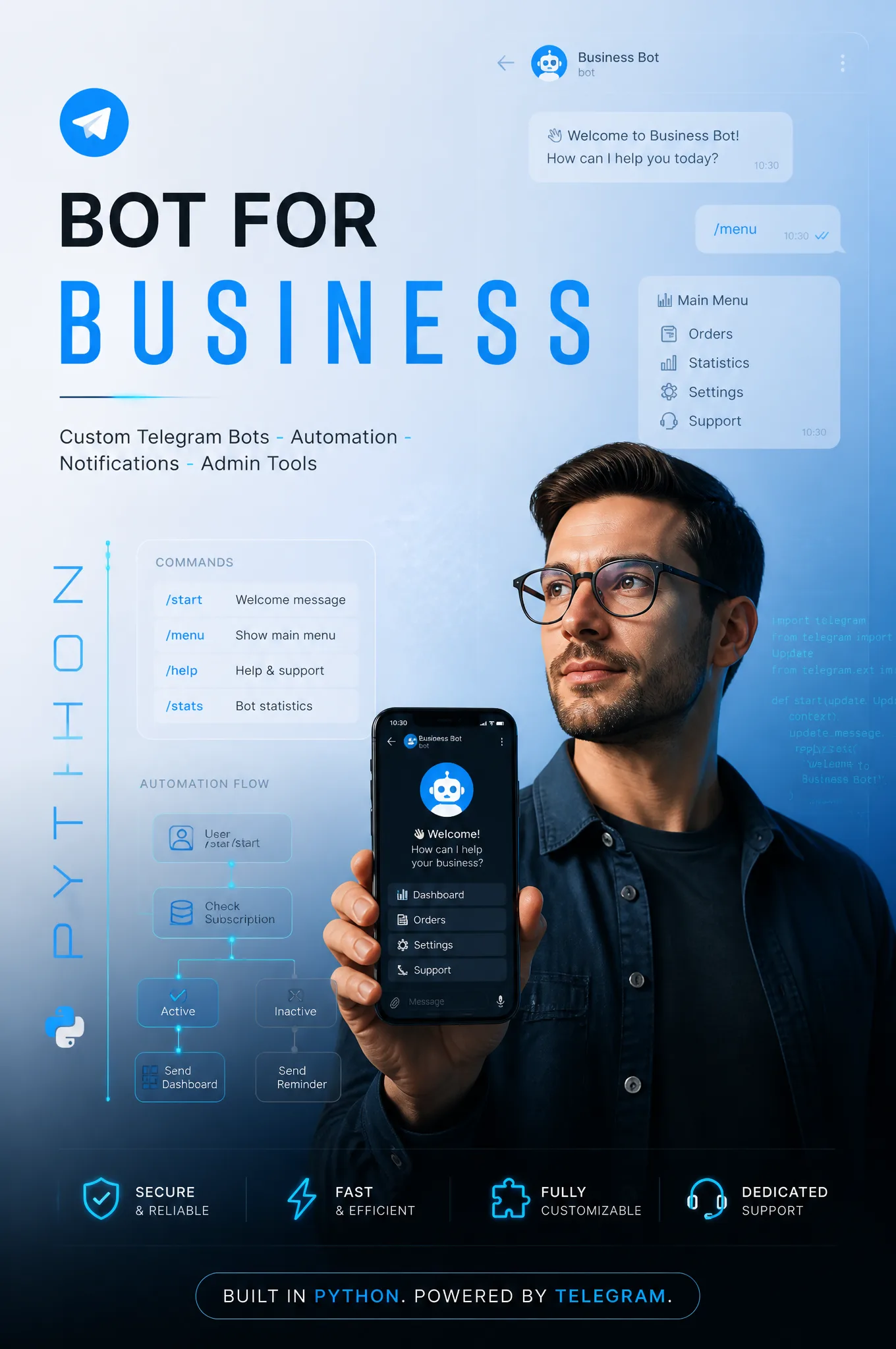 Minimalist premium advertisement for a custom Telegram bo...