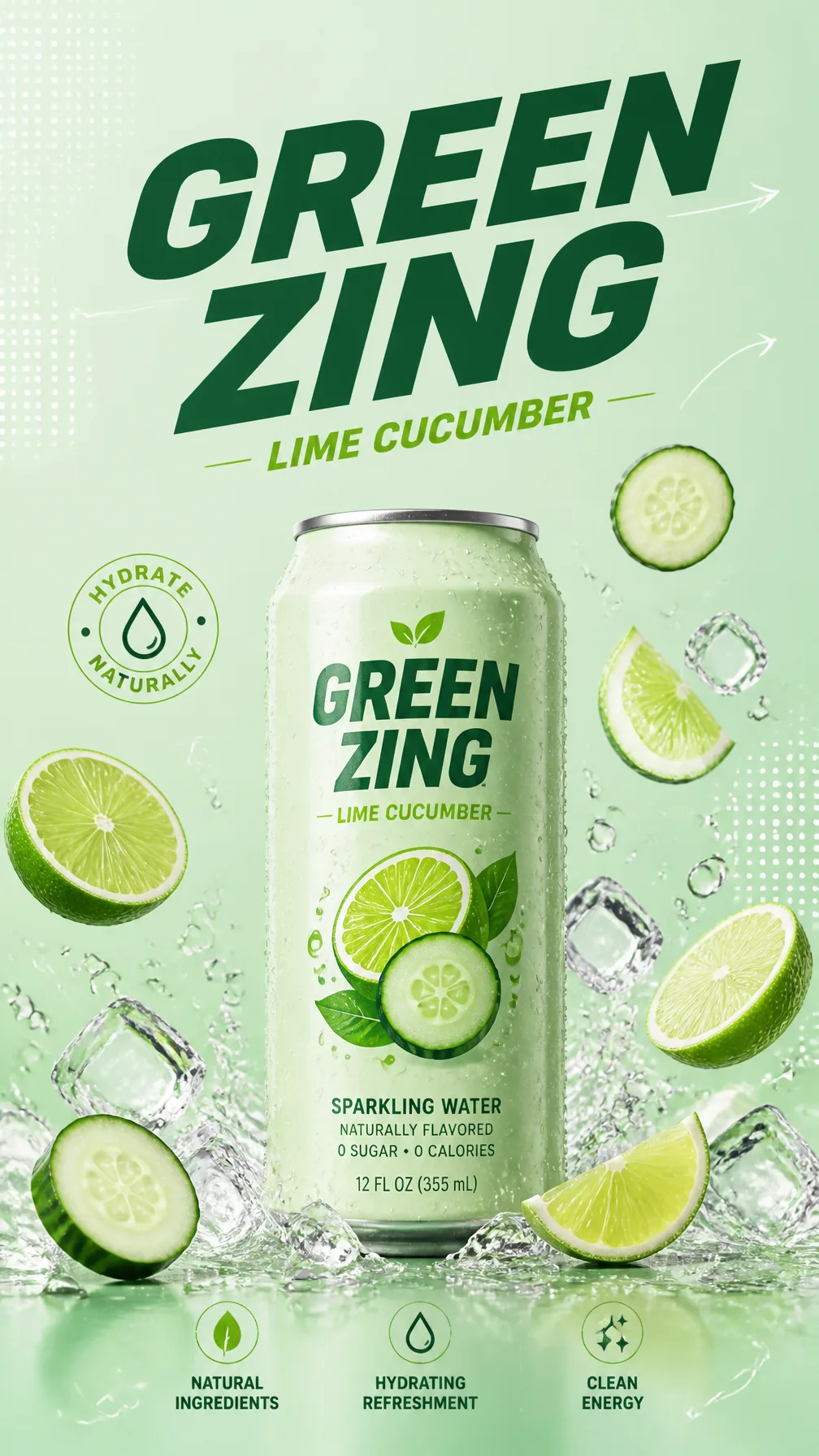 Green lemon and cucumber sparkling drink advertisement, min…
