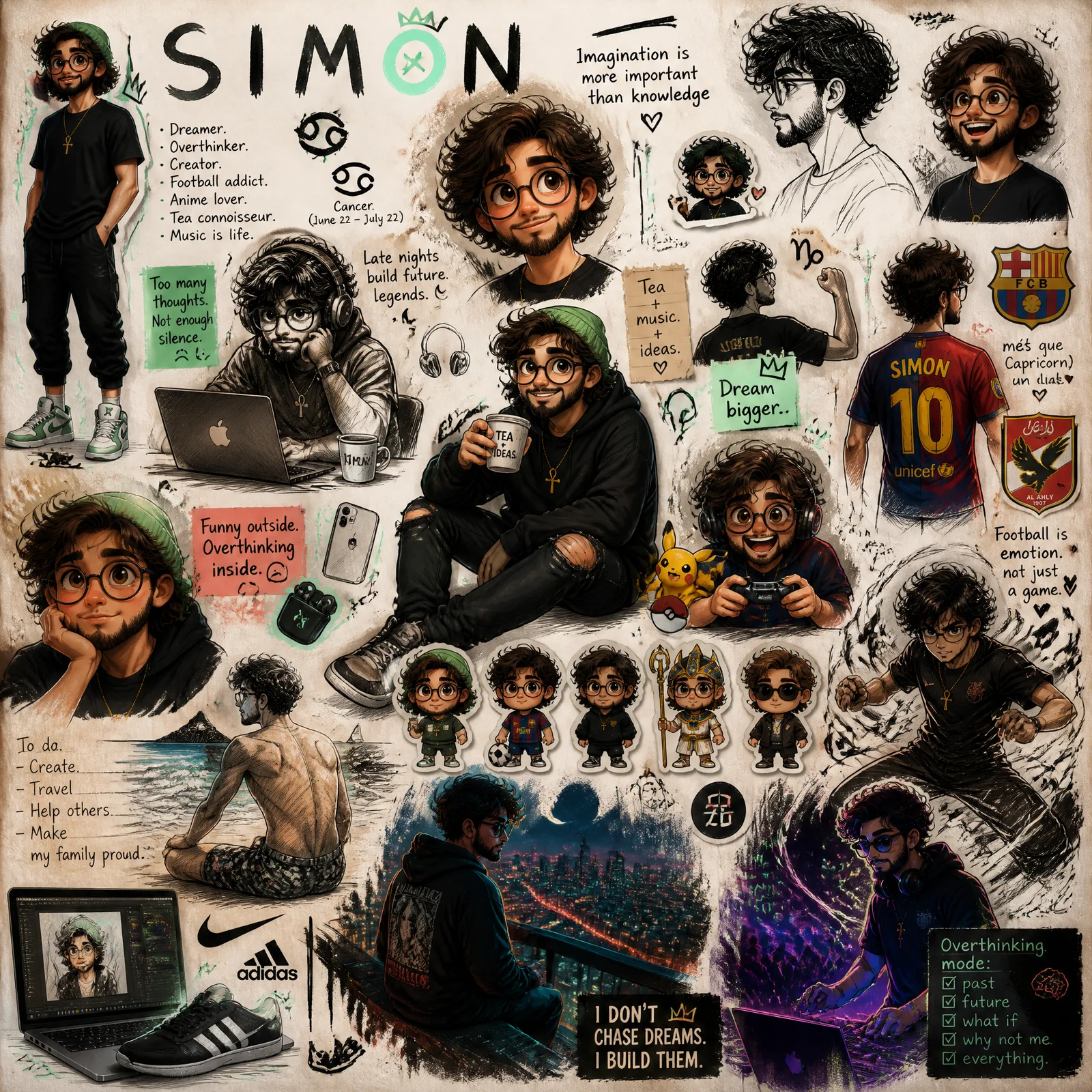 Messy personal sketchbook illustration page of a characte...