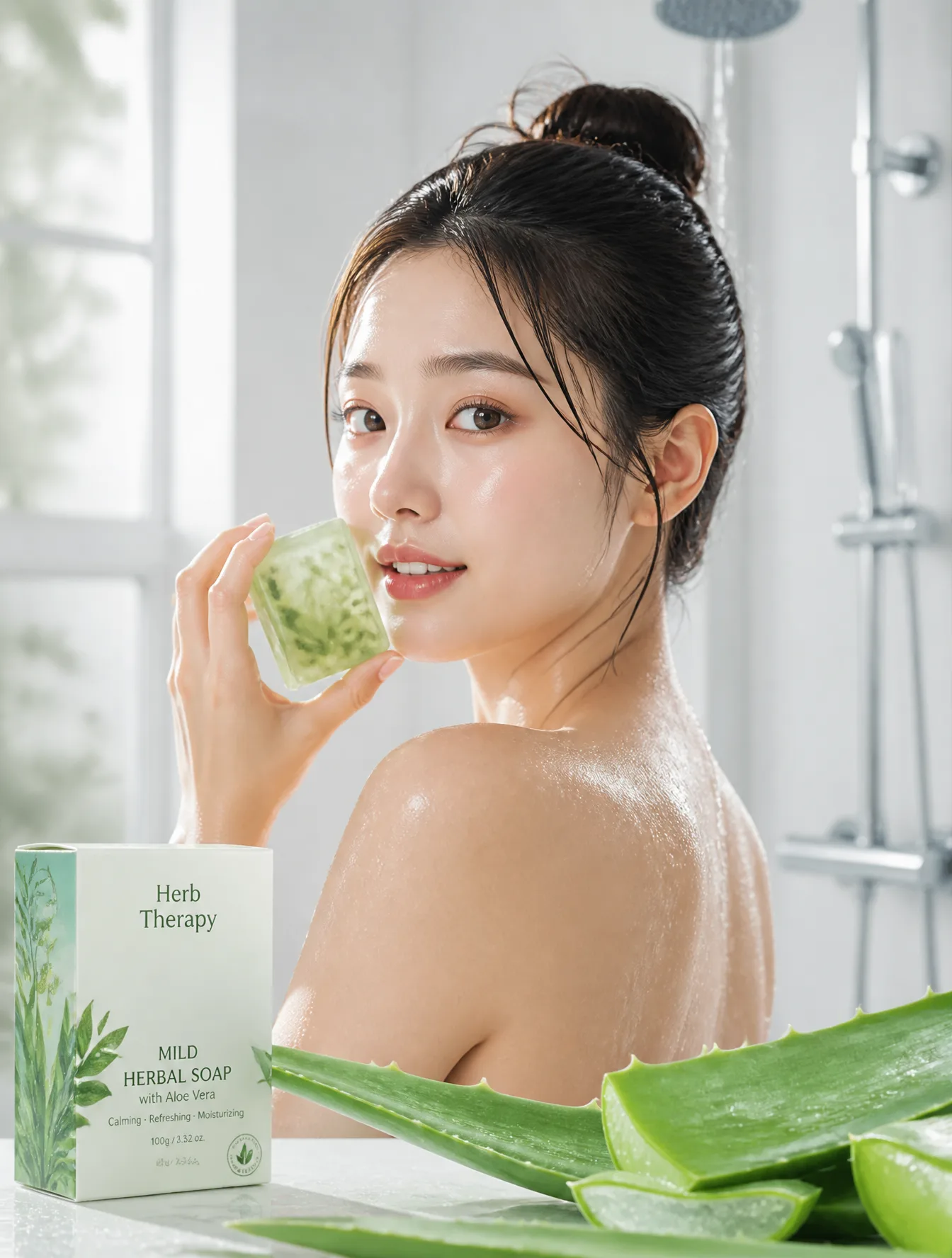 A young East Asian woman with a damp, dewy complexion and...